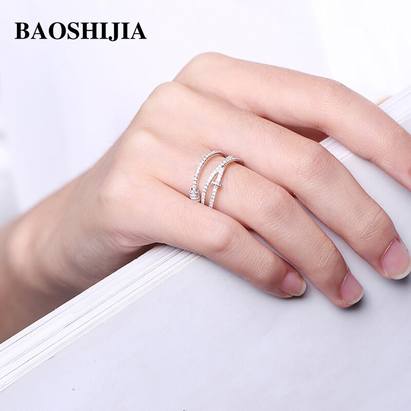 BAOSHIJIA Solid 18k White Gold Ring Fashion Personality Natural Real Diamond Jewelry for Women Band Luxurious