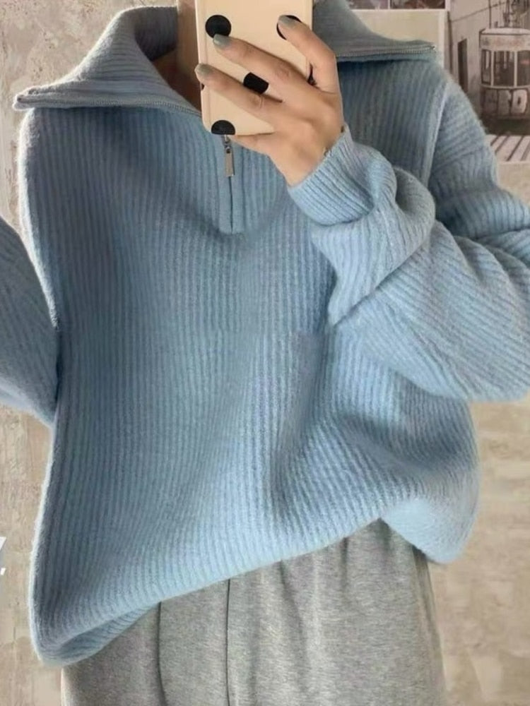 Women Sweater Oversize Zipper Knitted Pullover Long Sleeve Solid Color Loose Ladies Sweaters Autumn Winter Women&