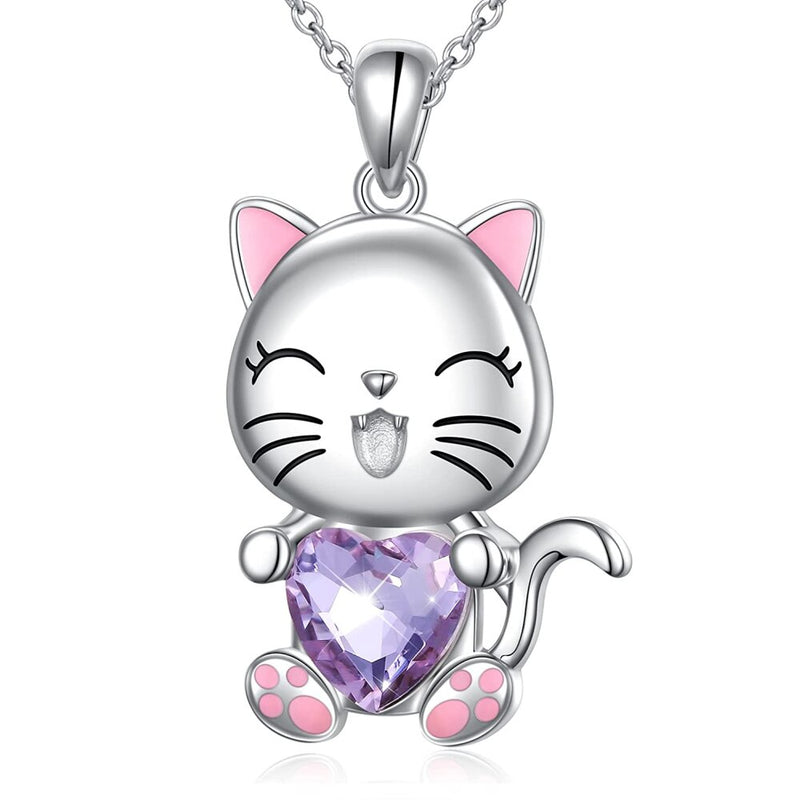 Fashion Cheshire Cat Embraces Heart Gemstone Necklace for Women Charm Bead SilverPlate Kitten Embrace Heart Crystal Jewelry Gift