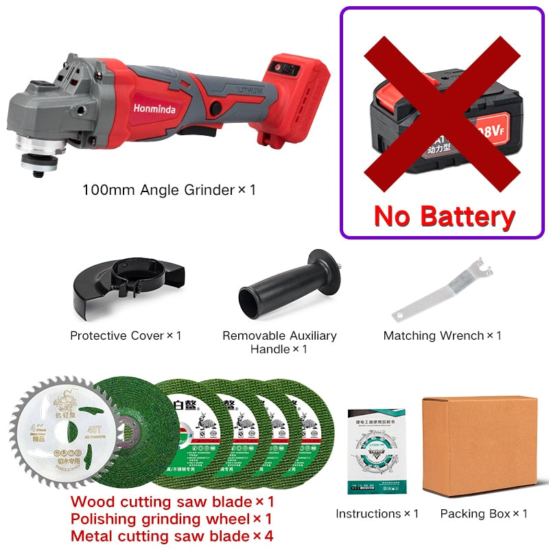 Honminda 100/125mmBrushless Cordless Angle Grinder Grinding Machine Cutting Electric Angle Grinder Grinding Brushless Power Tool