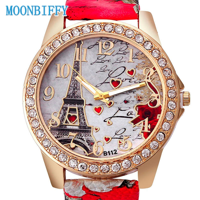 Women Watches Fashion Luxury Crystal Paris Eiffel Tower Watch Diamond Leather Band Ladies Quartz Wristwatch Casual Ladies Watch