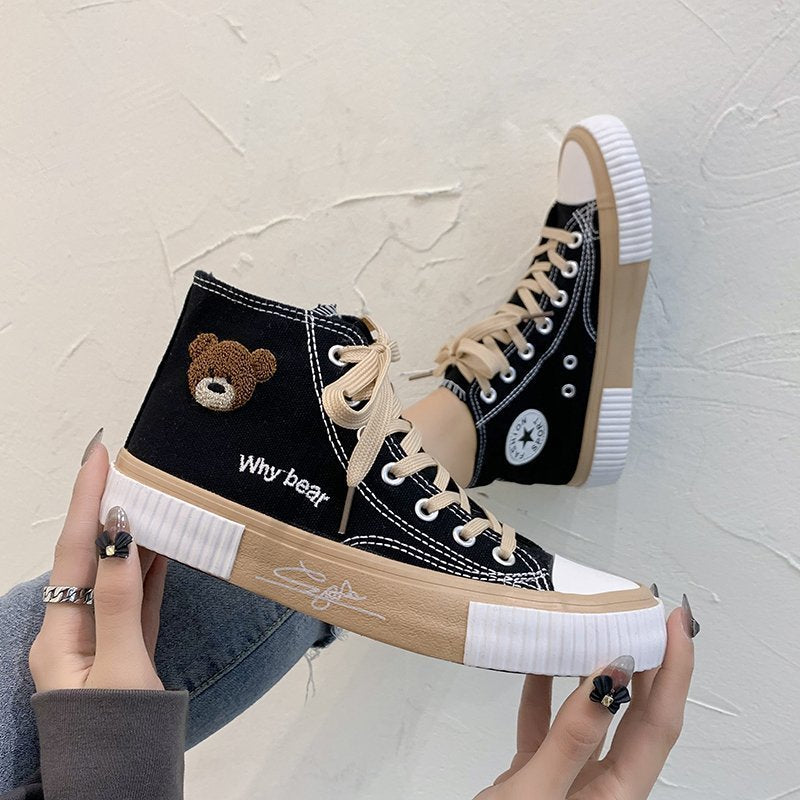 2022 Spring Summer Fashion New Bear Women Canvas Shoes High-top Canvas Shoes Lace Up Casual Sneakers Female Off White Shoes