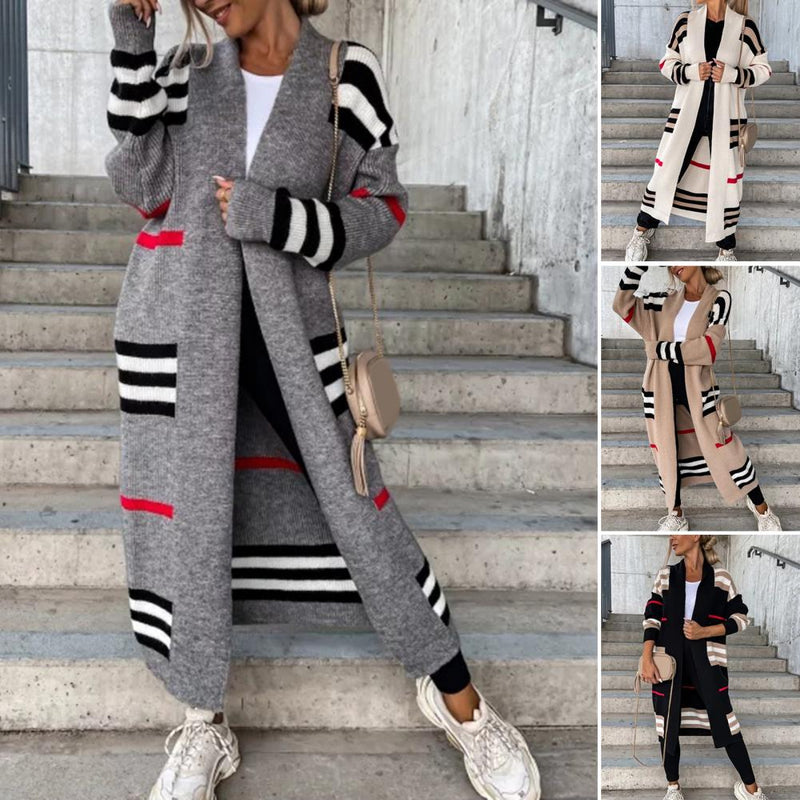 Autumn Winter Knitted Cardigan Women Striped Patchwork 2022 Elegant Loose Long Outerwear Maxi Y2k Sweater Coat Soft Jacket