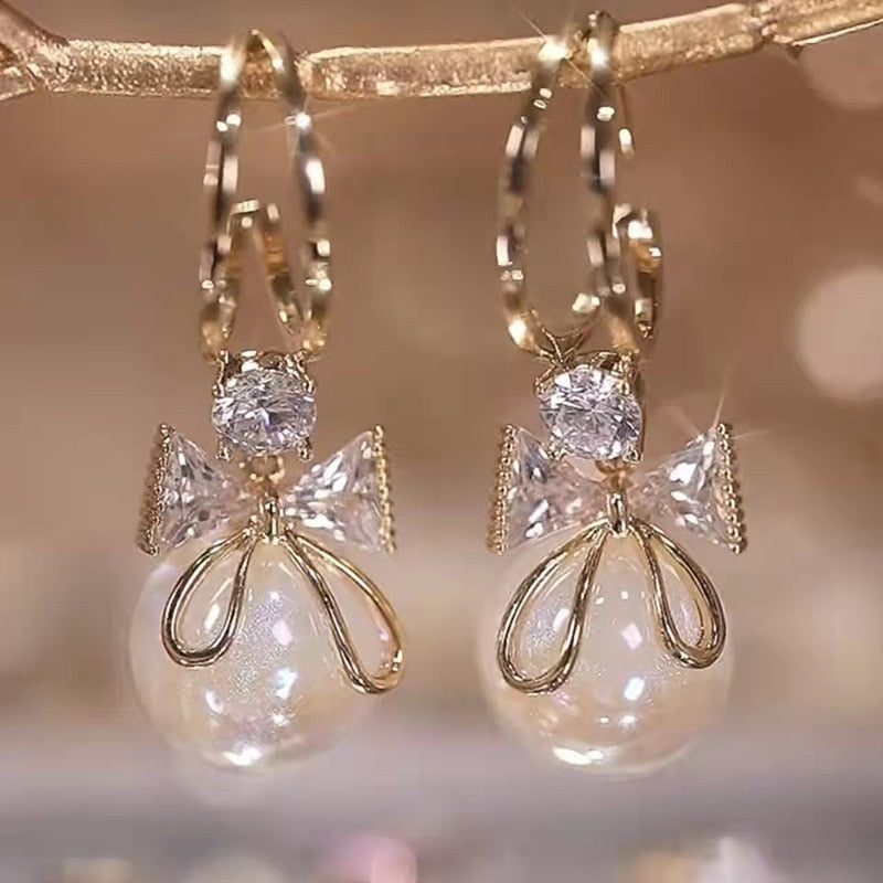 Fashion Trend Crystal Zircon Bow Pendant Earrings For Women Party Girl Imitation Pearl Dangle Earrings Luxury Wholesale Jewelry