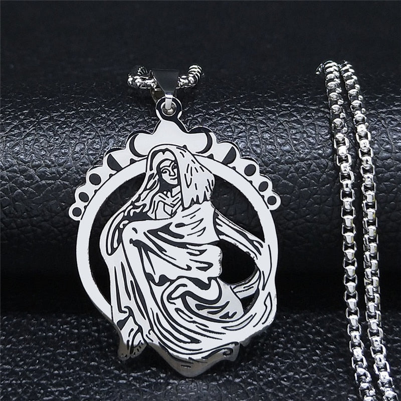 Witch Broom Cat Stainless Steel Necklace Women Witchcraft Silver Color Witches&