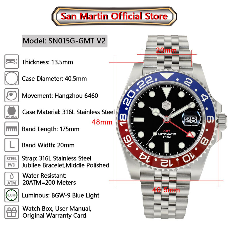 San Martin New Men Watch Mechanical Automatic Link GMT Sapphire Luxury Top Grade Stainless Steel Diving Watch Relogio Masculino