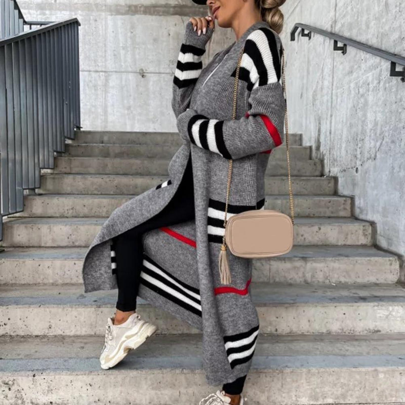 Autumn Winter Knitted Cardigan Women Striped Patchwork 2022 Elegant Loose Long Outerwear Maxi Y2k Sweater Coat Soft Jacket