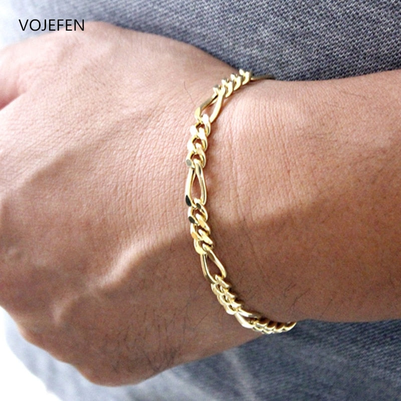 VOJEFEN 18k Pure Gold Figaro Bracelet Fashion Luxury Men Jewelry Genuine AU750 Chains Women&