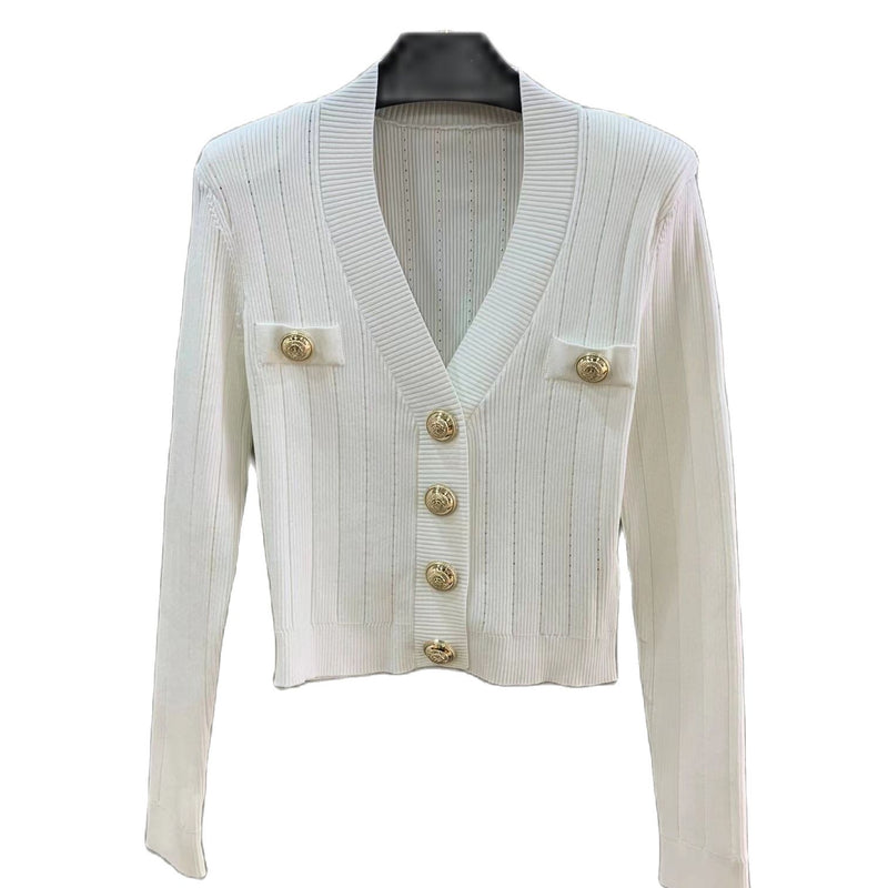 High Quality Ladies Fashion Spring Vintage Elegant Sweet Cute Button V-Neck Stretch Thick Ice Silk Knitted Cardigan Sweater Top