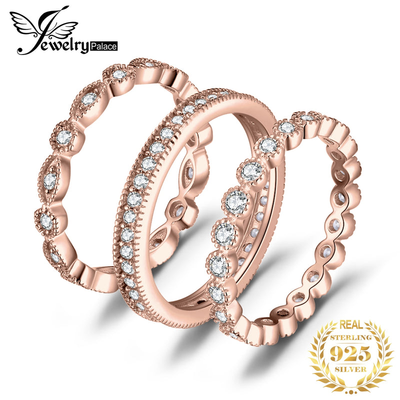 JewelryPalace 3 Pcs 925 Sterling Silver Yellow Rose Gold Band Ring Set Women Stackable AAAAA CZ Simulated Diamond Finger Ring