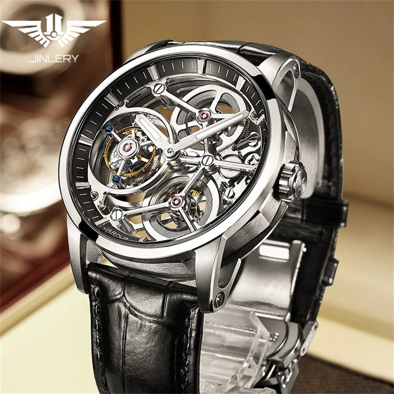 JINLERY Mechanical Hand Wind Watch for Men Tourbillon Nine-Position Man Watches Skeleton Luxury Clock Leather New часы мужские