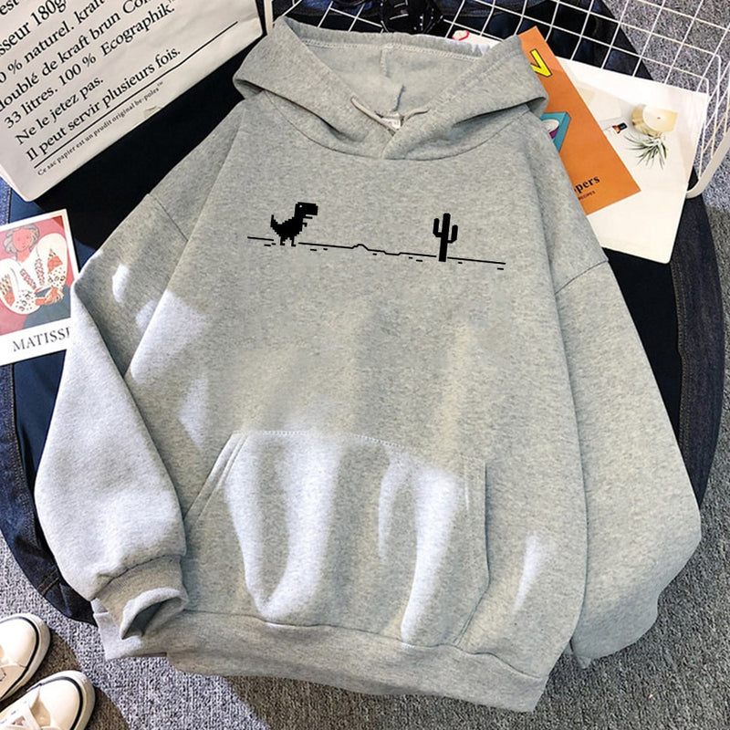 Mosaic Game Cactus Little Dinosaur Men Hoodies Autumn Loose Streetwear O-Neck Casual Sweatshirt Pocket Fleece Warm Mans Hoody