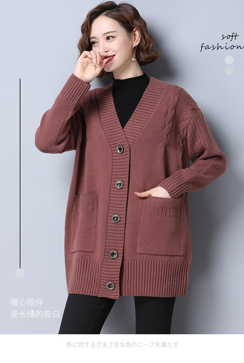 2022 Autumn Loose Cardigans Casual Vintage Women Knitted Sweaters Fashion Korean Long Sleeve Knitwear Female Solid V-neck Casual