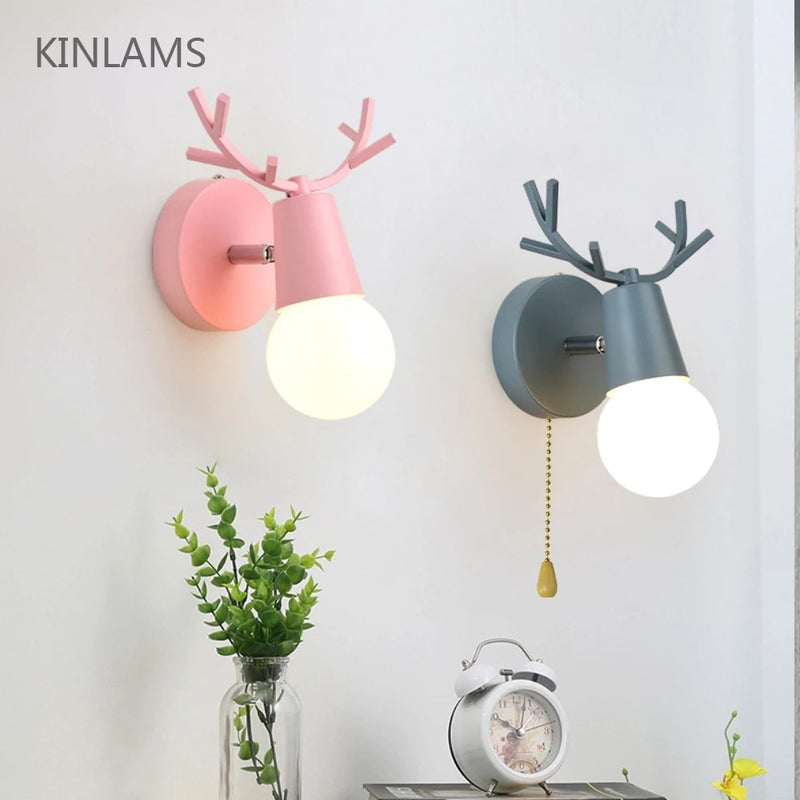 Nordic Adjustable LED Wall Lights Colorful Cartoon Deer Antlers Bedroom Reading Sconce Wall Mounted Children Room Lighting E27