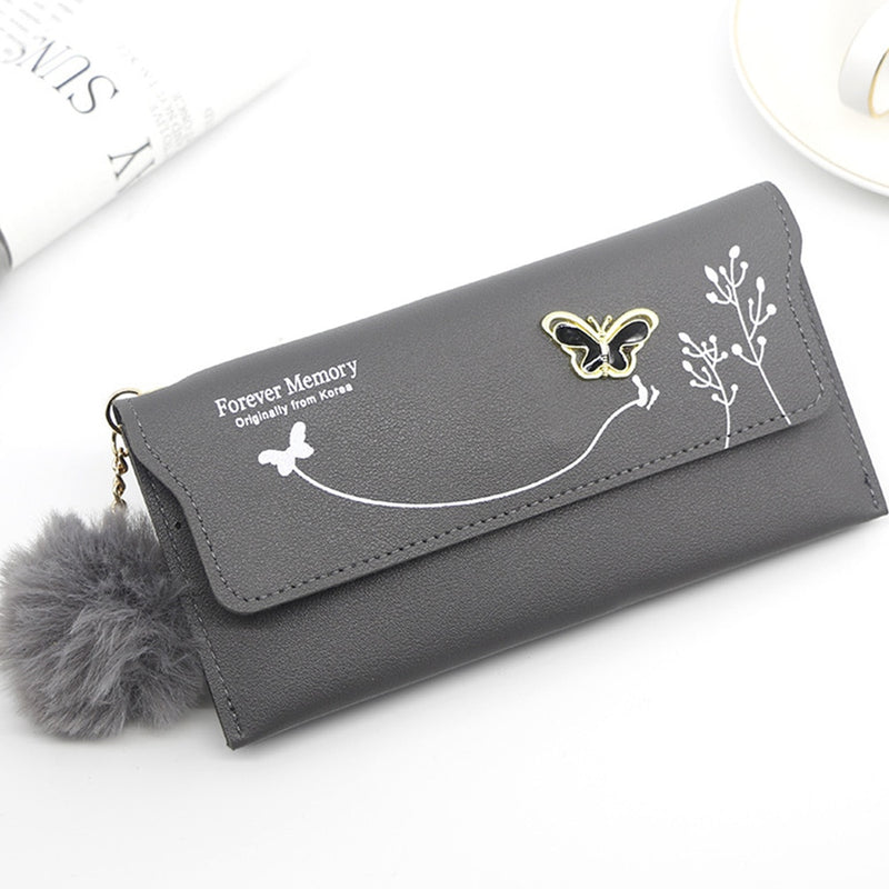 Butterfly Designer Women Long Wallets PU Leather Money Bag Solid Wool Ball Bow Clutch Bag Large Capacity Card Bag Coin Purse