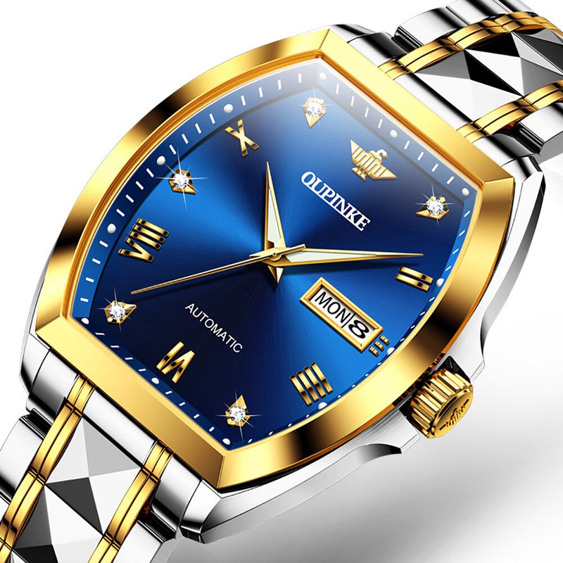 OUPINKE Men Gold Luxury Dress Watches Automatic Mechanical Tonneau Sapphire Crystal Tungsten Steel Date Waterproof Luminous Gift