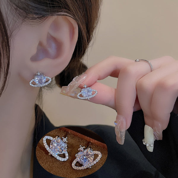 Korea Simple Sweet Cool Wind Planet Love Zircon Stud Earrings 2022 Young Luxury Earrings Elegant Women's Jewelry Accessories