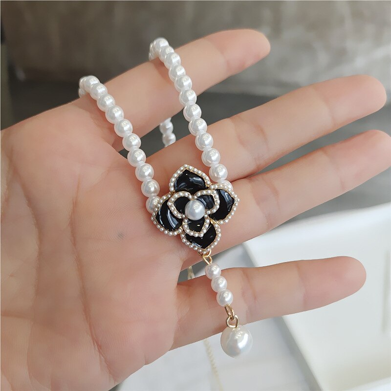 Pearl Pendants Necklace for Women Camellia High Quality Double Layers Long Chains Collares De Moda Number  Flower Party Jewelry