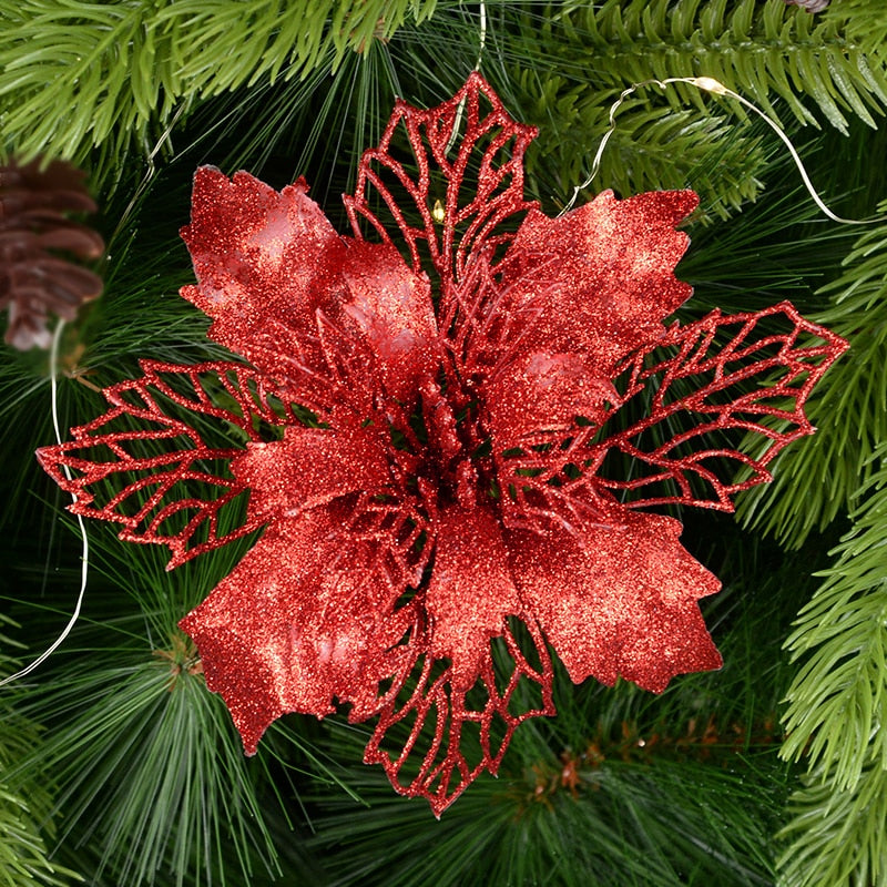 5pcs 9-16cm Glitter Artifical Christmas Flowers Christmas Tree Decorations for Home Fake Flowers Xmas Ornaments New Year Decor