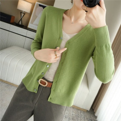 Cardigans Women 2022 Autumn Single Breasted V-neck Knitted Sweater Fashion Short Knitwear Solid Blue Green Pink Women&