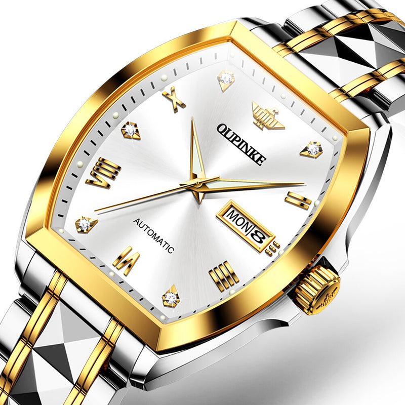 OUPINKE Men Gold Luxury Dress Watches Automatic Mechanical Tonneau Sapphire Crystal Tungsten Steel Date Waterproof Luminous Gift