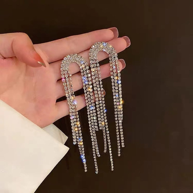 New Luxury Rhinestone Crystal Long Tassel Earrings for Women Bridal Drop Dangling Earrings Party Wedding Jewelry Gifts