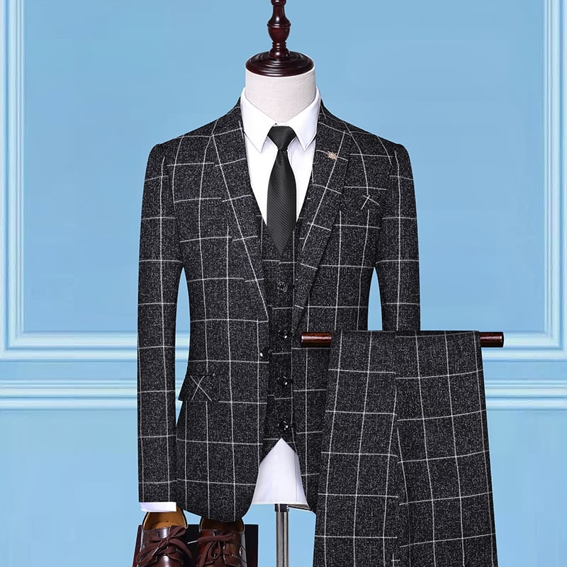 British Style Men Plaid Vest Blazer Pants 3 Pieces Set / Male Fashion High End Slim Wedding Banquet Business Suit Jacket Coat