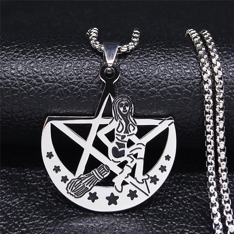 Witch Broom Cat Stainless Steel Necklace Women Witchcraft Silver Color Witches&