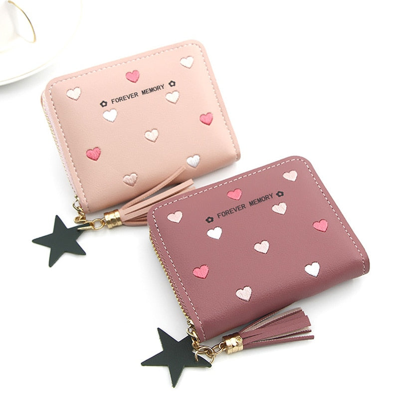 Heart-shaped Spots Women Mini Tassel Wallet Ladies Cute Girl Short Zipper Lovely PU Leather Coin Purse Female Money Bag