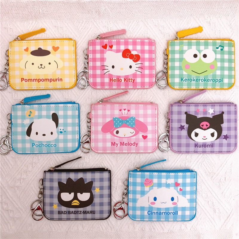 Kawaii  Sanrio Cartoon Bag Cinnamoroll Melody Pachacco Pom Pom Purin Kuromi Leather Card Holder Cute Coin Purse Keychain Pendant