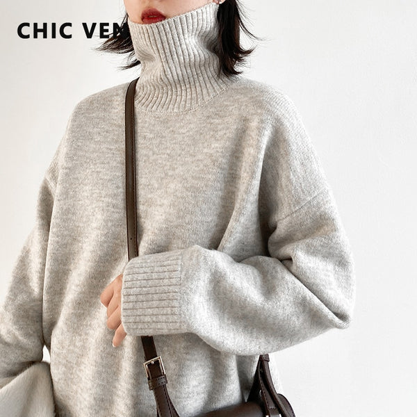 CHIC VEN Korean Women&#39;s Sweater Loose Turtleneck Sweaters Warm Solid Pullover Knitwear Basic Female Tops Autumn Winter 2022