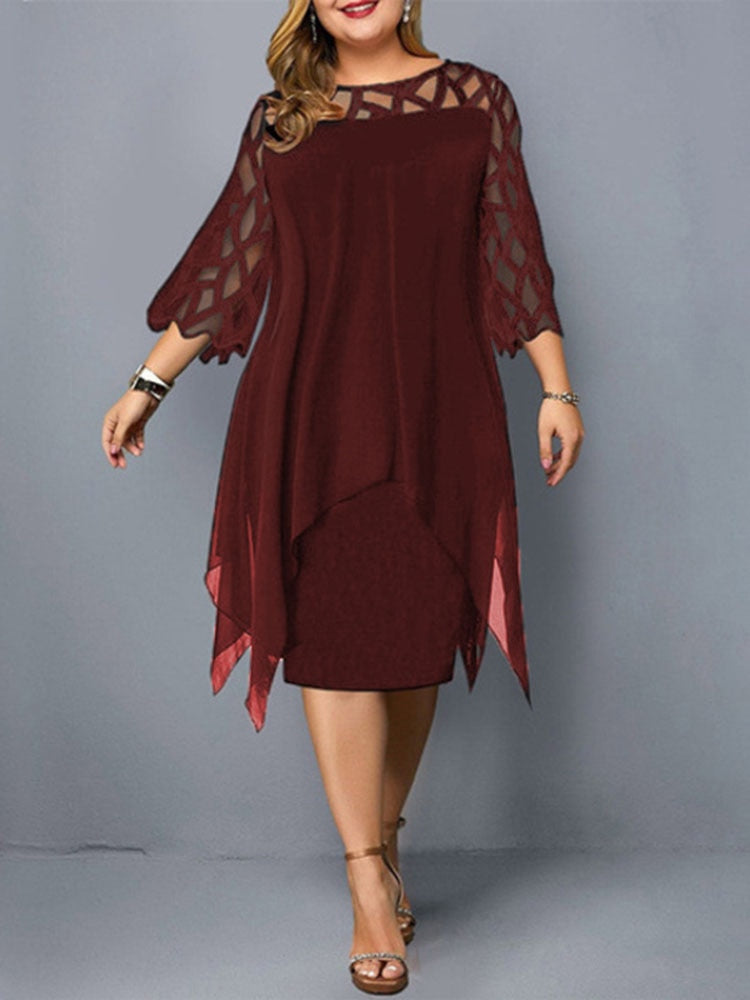 Elegant Midi Party Dress For Chubby Women Xxl O Neck Lace Sleeve Hollow Out Solid Sexy Women&