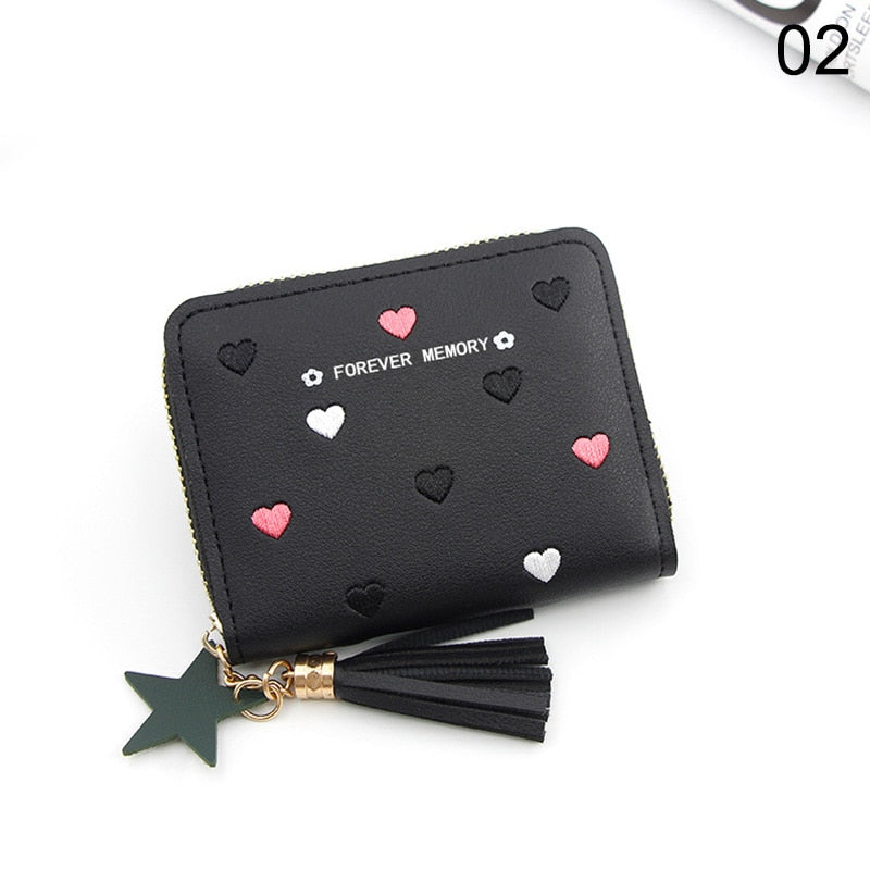 Heart-shaped Spots Women Mini Tassel Wallet Ladies Cute Girl Short Zipper Lovely PU Leather Coin Purse Female Money Bag