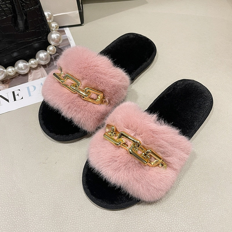 Fashion Chain Design Women Home Slippers Solid Color Open Toe Indoor 2022 Winter Flat Non-slip Leisure Interior Female Shoes