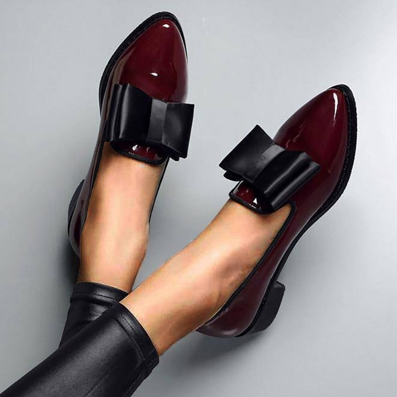 BKQU Spring Autumn Women Shoes Bowtie Loafers Patent Leather Women&