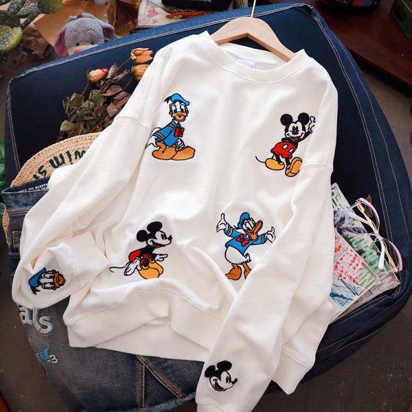 Early Spring And Autumn New Sweater Women&#39;s Age Reduction Striped Embroidery Mickey Mouse Donald Duck Pullover Bottoming Shirt