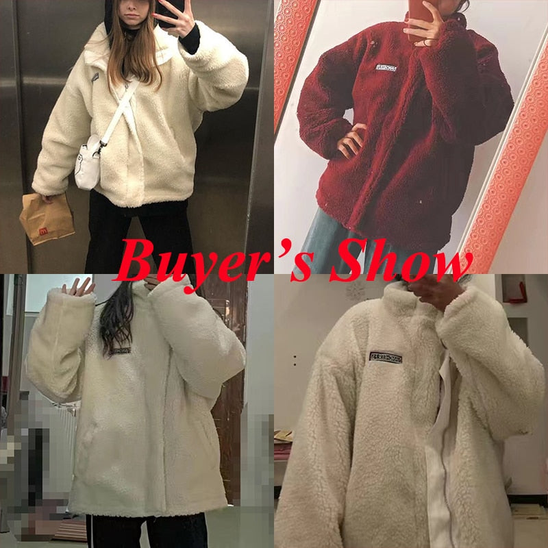 Rimocy Harajuku Two Sides Wear Lamb Wool Coat Women 2022 Autumn Winter Zipper Up Plush Jacket Woman Stand Collar Warm Jackets