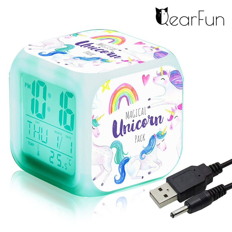 Children Cartoon Unicorn Alarm Clock 7 Led Night Light Desk Clocks Date Temperature despertador Unicornio Kids Birthday Gifts