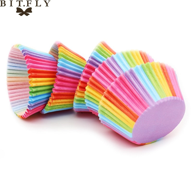 BITFLY 100Pcs Rainbow Cupcakes Paper Liners Muffin Cases Cupcake Topper Tray Baking Accessories Pastry Decoration Kitchen Tools