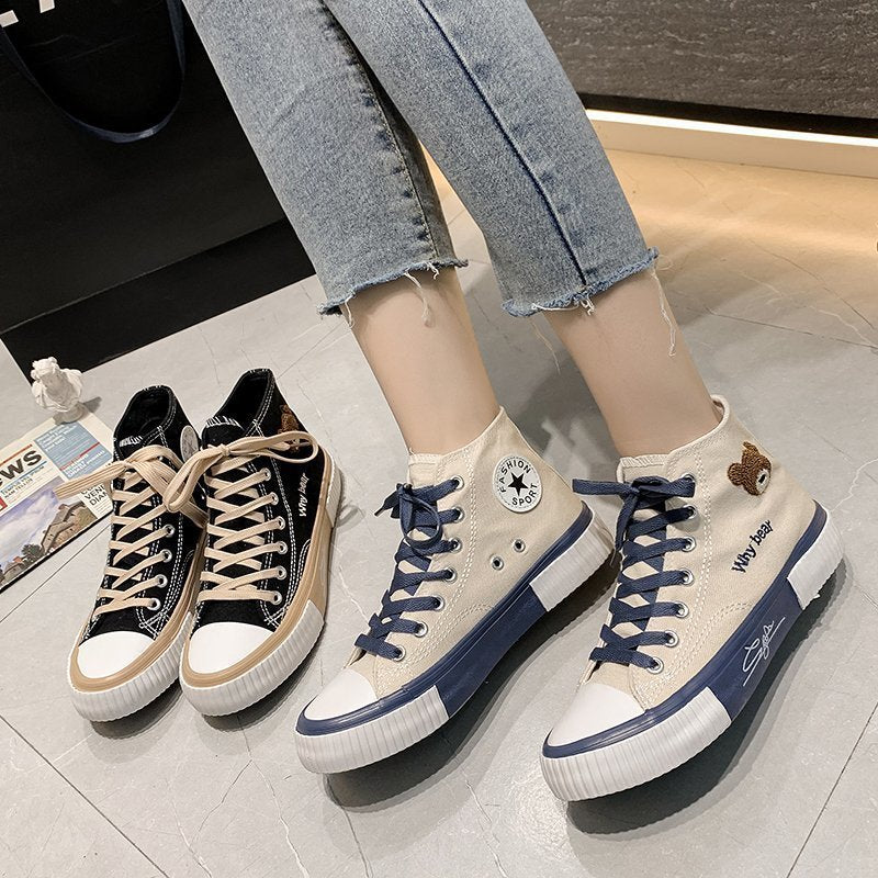 2022 Spring Summer Fashion New Bear Women Canvas Shoes High-top Canvas Shoes Lace Up Casual Sneakers Female Off White Shoes