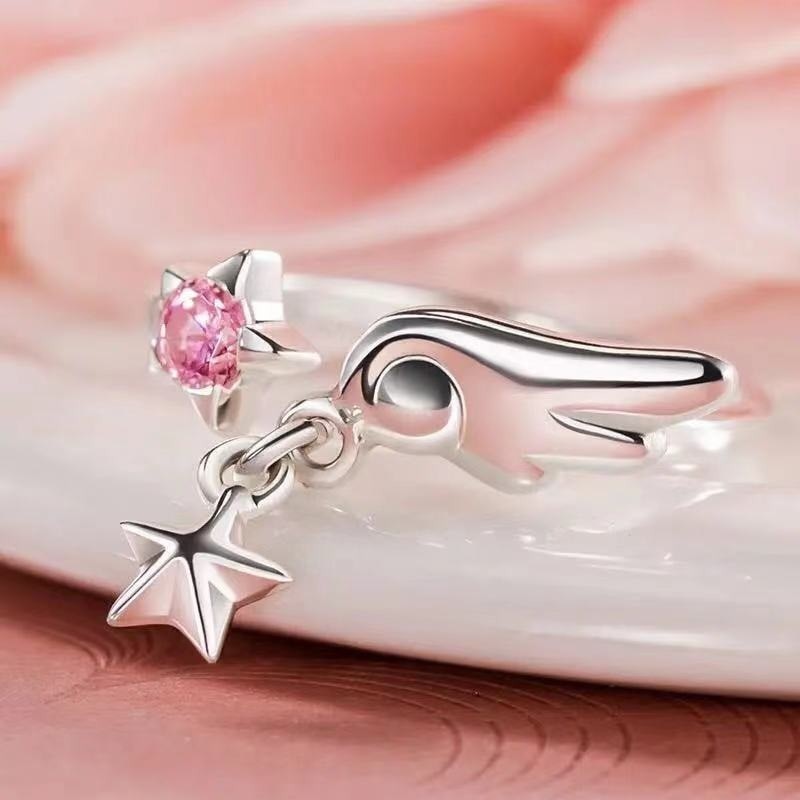 Card Captor Sakura Ring Woman Star Wing Pink Zircon Rings for Women Anime Accesorios Adjustable Ring Kawaii Cosplay Lady Jewelry