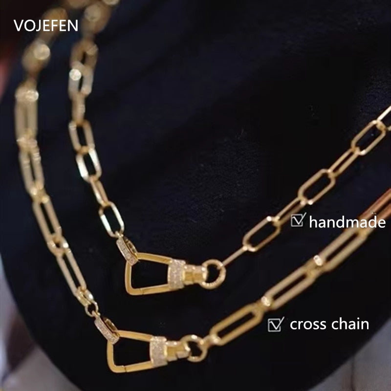 VOJEFEN Genuine 18k Real Gold Link Chain Necklace Jewelry for Women , Handmade/Cross Neck Choker Mini Diamond Fine Jewelri Gift