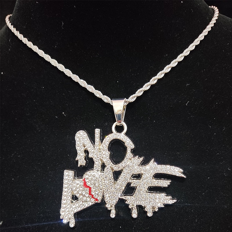 Hip Hop Cuban Chains NO LOVE Necklace Pendants for Men and Women Heart Broke Statement Necklaces Jewelry Iced Out Bling Chain