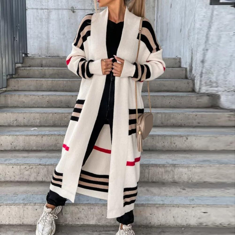 Autumn Winter Knitted Cardigan Women Striped Patchwork 2022 Elegant Loose Long Outerwear Maxi Y2k Sweater Coat Soft Jacket