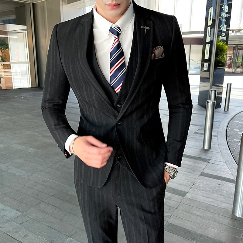 Suit Jacket Pants Vest 3 Pcs Set / Fashion New Men&