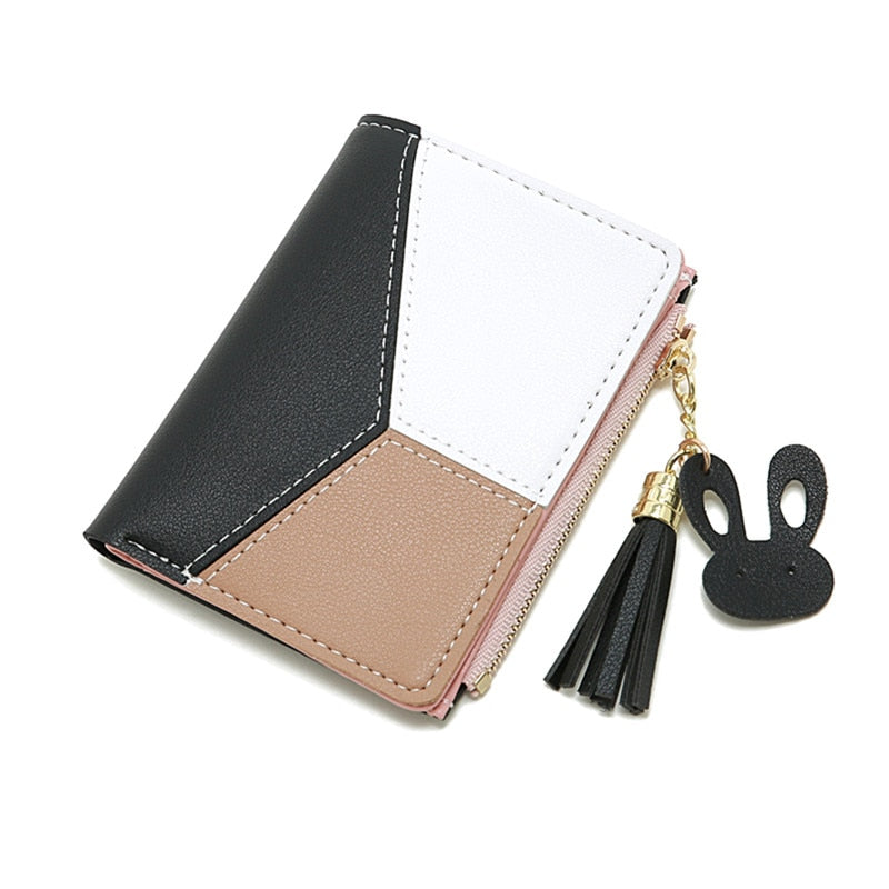 2022 Fashion Small Wallet Women Purse Simple Short Soft Pu Leather Ladies Wallet Card Holder Tassel Patchwork Tri-fold Wallet