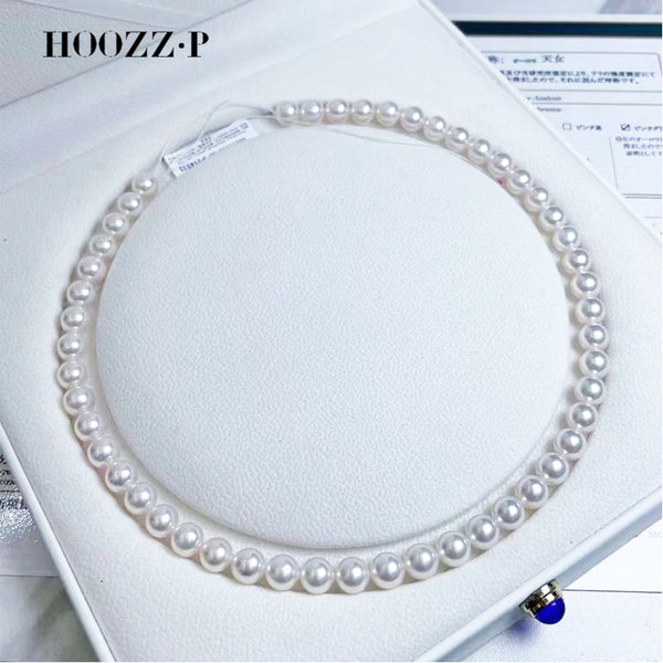 HOOZZ.P 7.5-8mm AA Quality Akoya Pearl Necklace Luxury Jewelry For Women Gift Japanese Sea Cultured White Pearly 14K Yellow Gold