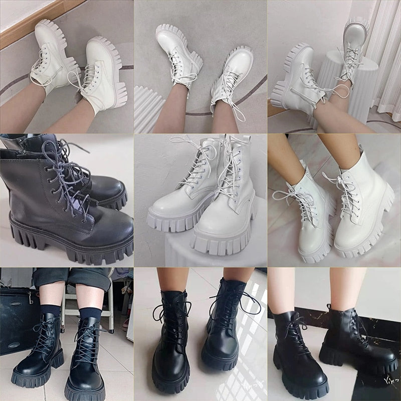 Rimocy 2022 New Women White Ankle Boots PU Leather Thick Sole Lace Up Combat Booties Female Autumn Winter Platform Shoes Woman