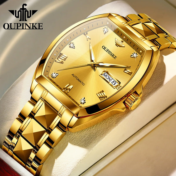 OUPINKE Men Gold Luxury Dress Watches Automatic Mechanical Tonneau Sapphire Crystal Tungsten Steel Date Waterproof Luminous Gift