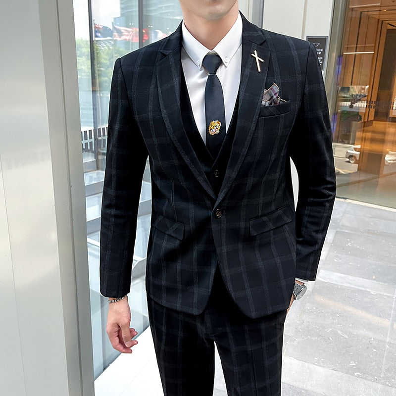 Suit Jacket Pants Vest 3 Pcs Set / Fashion New Men&